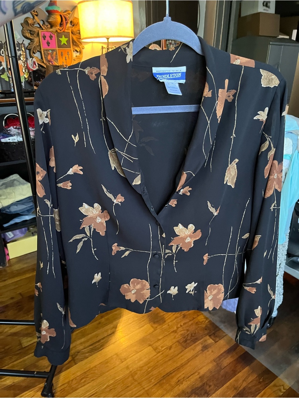 Vintage Pendleton Petite Women’s Black Floral Button-Front Blouse